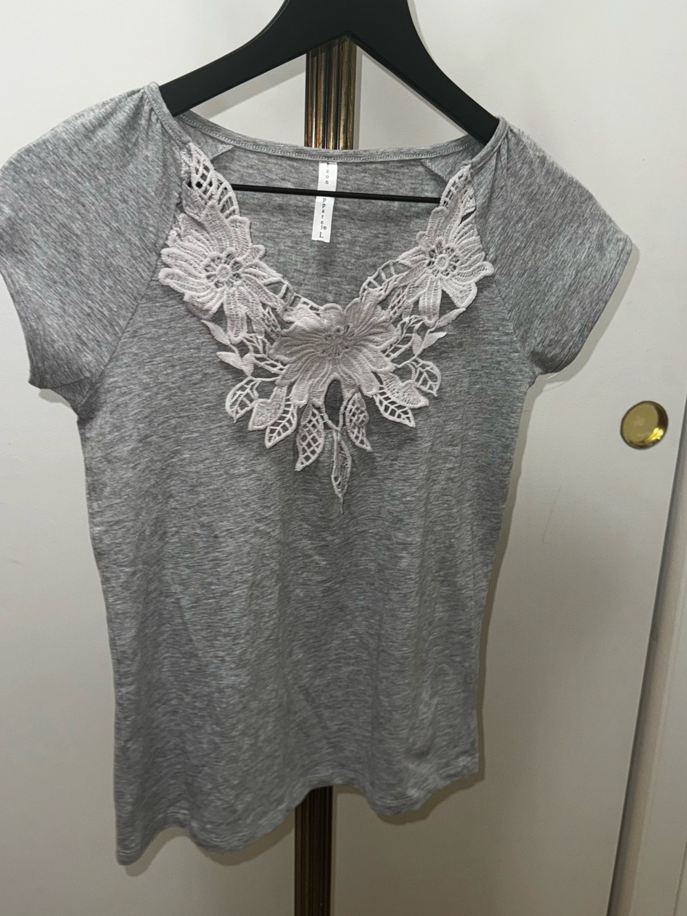 Women's Gray Scoop Neck Tee with White Lace Applique